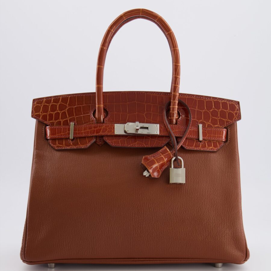 Hermes Birkin 30 Touch Bag in Noisette Chèvre Mysore and Etrusque Crocodile Niloticus Leather with Palladium Hardware | Studio Nafay