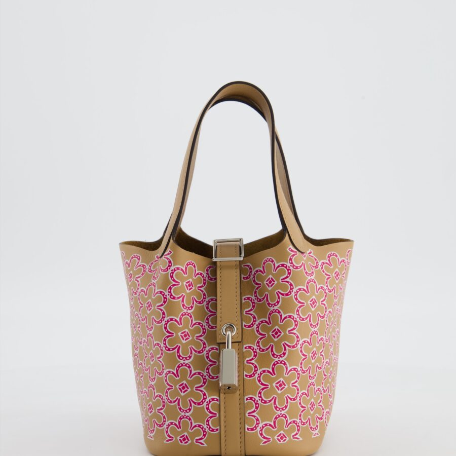 Hermes Micro Picotin 14 Lucky Daisy Bag in Blanc, Chai & Framboise Swift Leather with Palladium Hardware | Studio Nafay