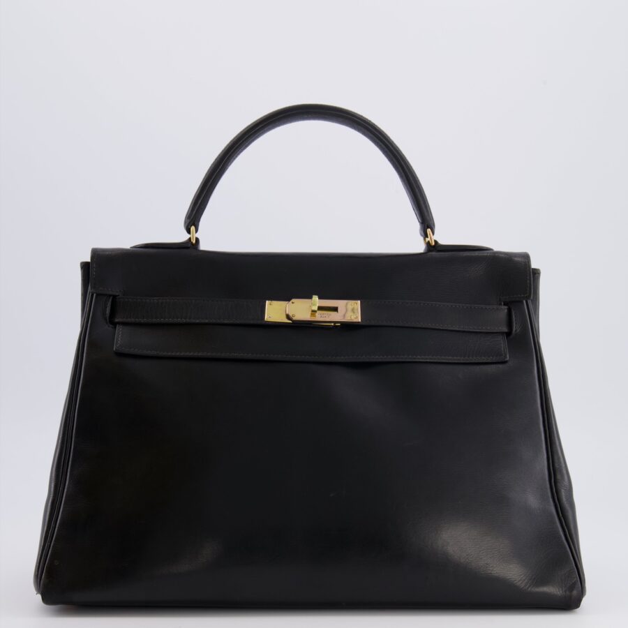 Hermes Kelly 32 Retourne Bag in Black Calfskin Box Leather with Gold Hardware | Studio Nafay