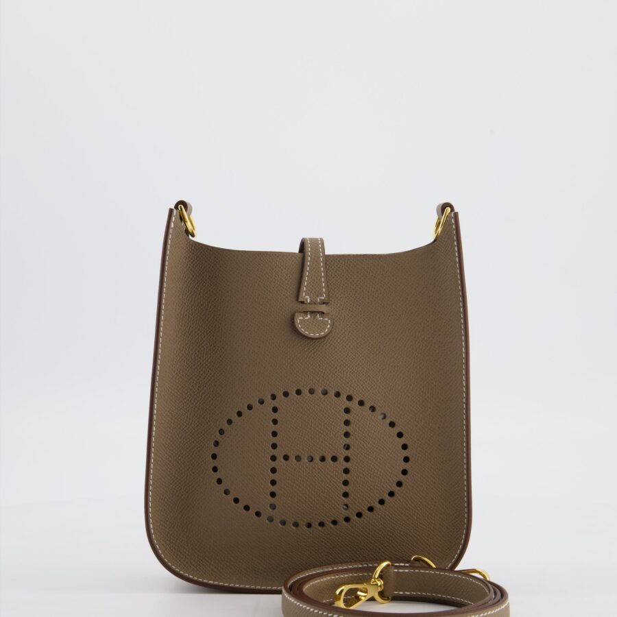 Hermes Mini Evelyne Sellier Bag in Etoupe Epsom Leather with Gold Hardware | Studio Nafay
