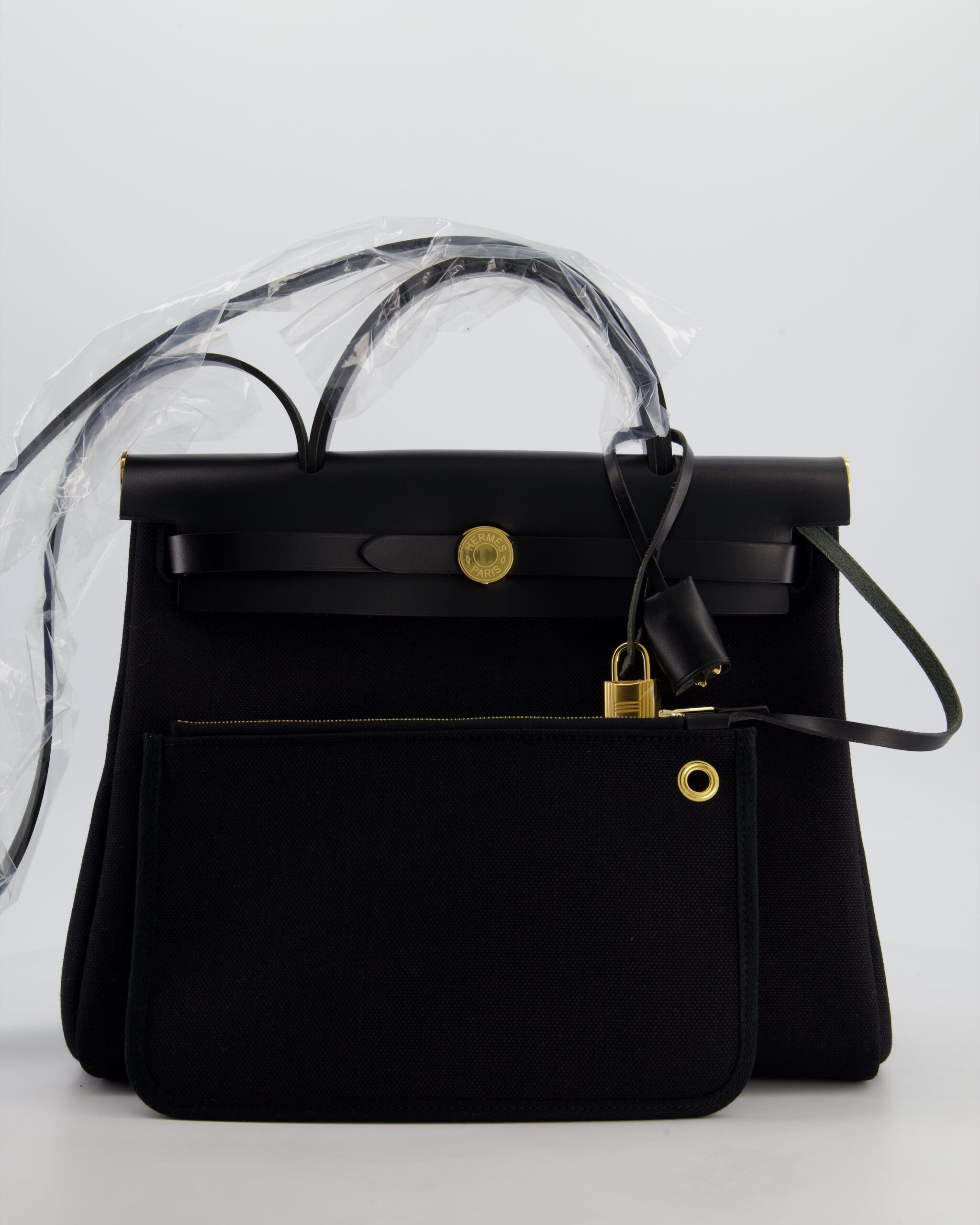 Hermes Herbag 31 Zip Bag in Noir Toile Officier Canvas, Noir Vache Hunter Leather with Gold Hardware