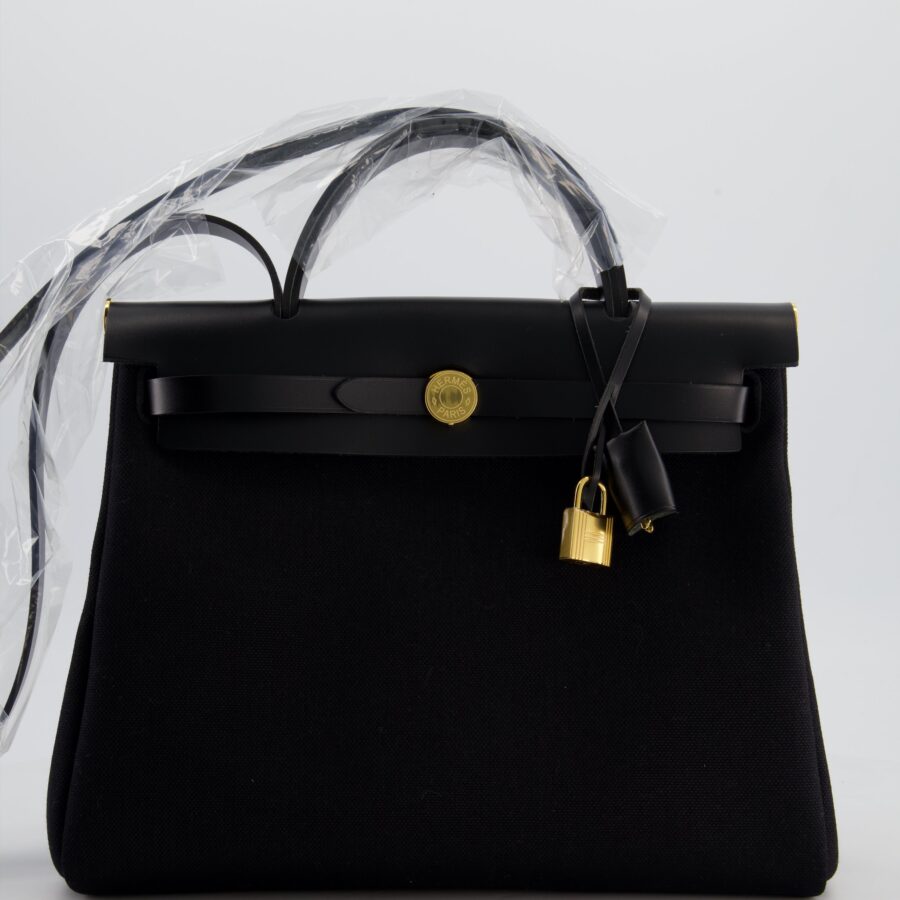 Hermes Herbag 31 Zip Bag in Noir Toile Officier Canvas, Noir Vache Hunter Leather with Gold Hardware | Studio Nafay