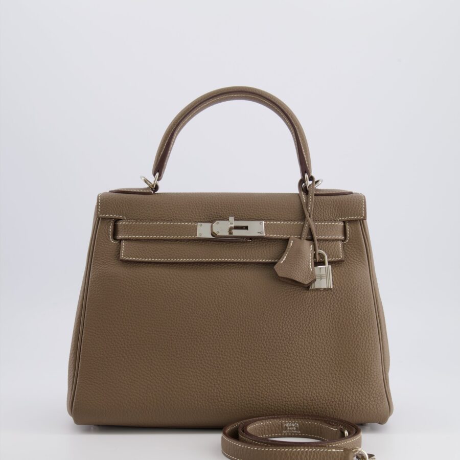 Hermes Kelly 28 Retourne Bag in Etoupe Togo Leather with Palladium Hardware | Studio Nafay