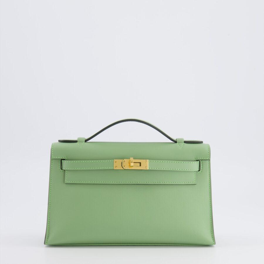 *HOT COLOUR* Hermes Mini Kelly Pochette Bag in Vert Criquet Swift Leather with Gold Hardware | Studio Nafay