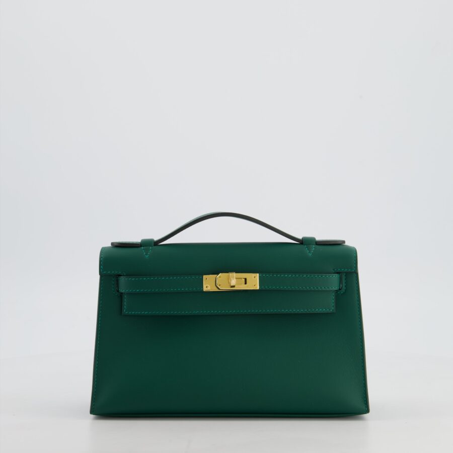 *RARE* Hermes Mini Kelly Pochette Bag in Vert Moyen Swift Leather with Gold Hardware | Studio Nafay