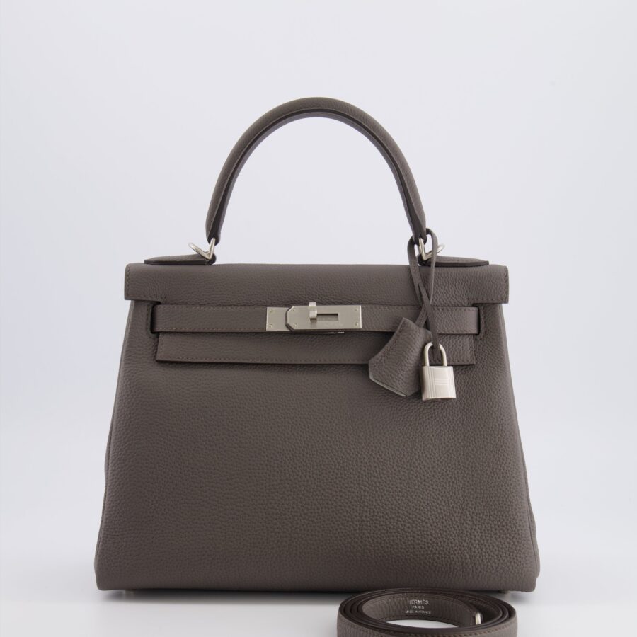 Hermes Kelly 28 Retourne HSS Bag in Gris Etain Togo Leather with Gris Perle Interior and Brushed Palladium Hardware | Studio Nafay