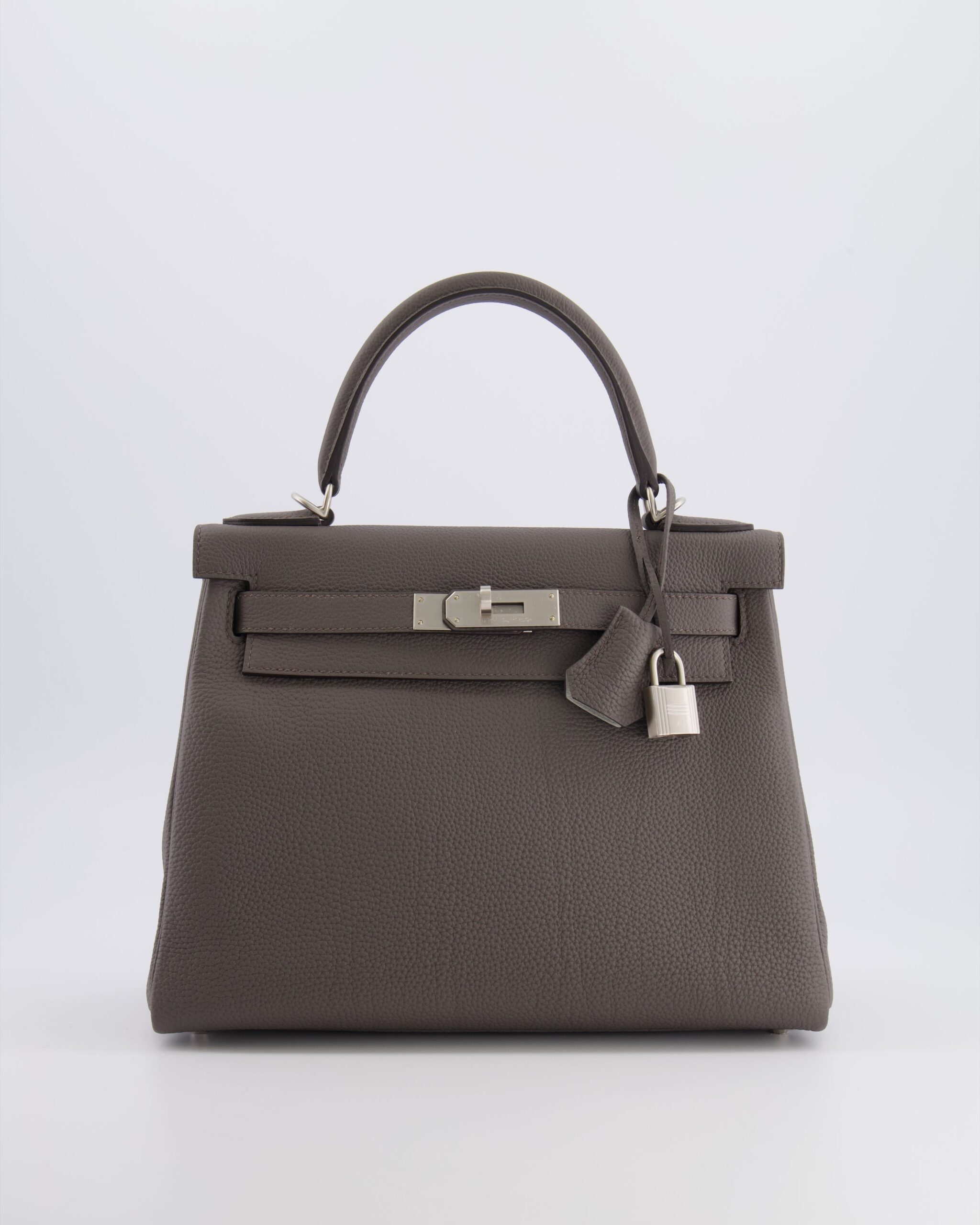 Hermes Kelly 28 Retourne HSS Bag in Gris Etain Togo Leather with Gris Perle Interior and Brushed Palladium Hardware