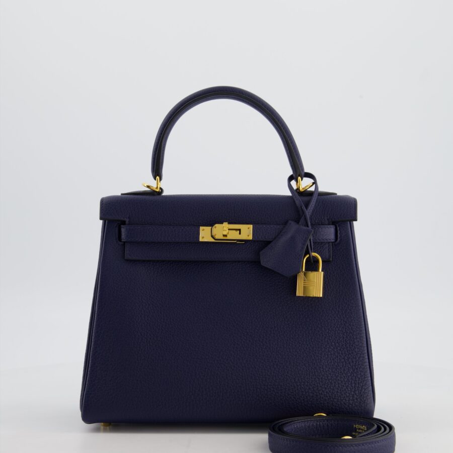 Hermes Kelly 25 Retourne Bag in Bleu Navy Togo Leather Bleu with Gold Hardware | Studio Nafay