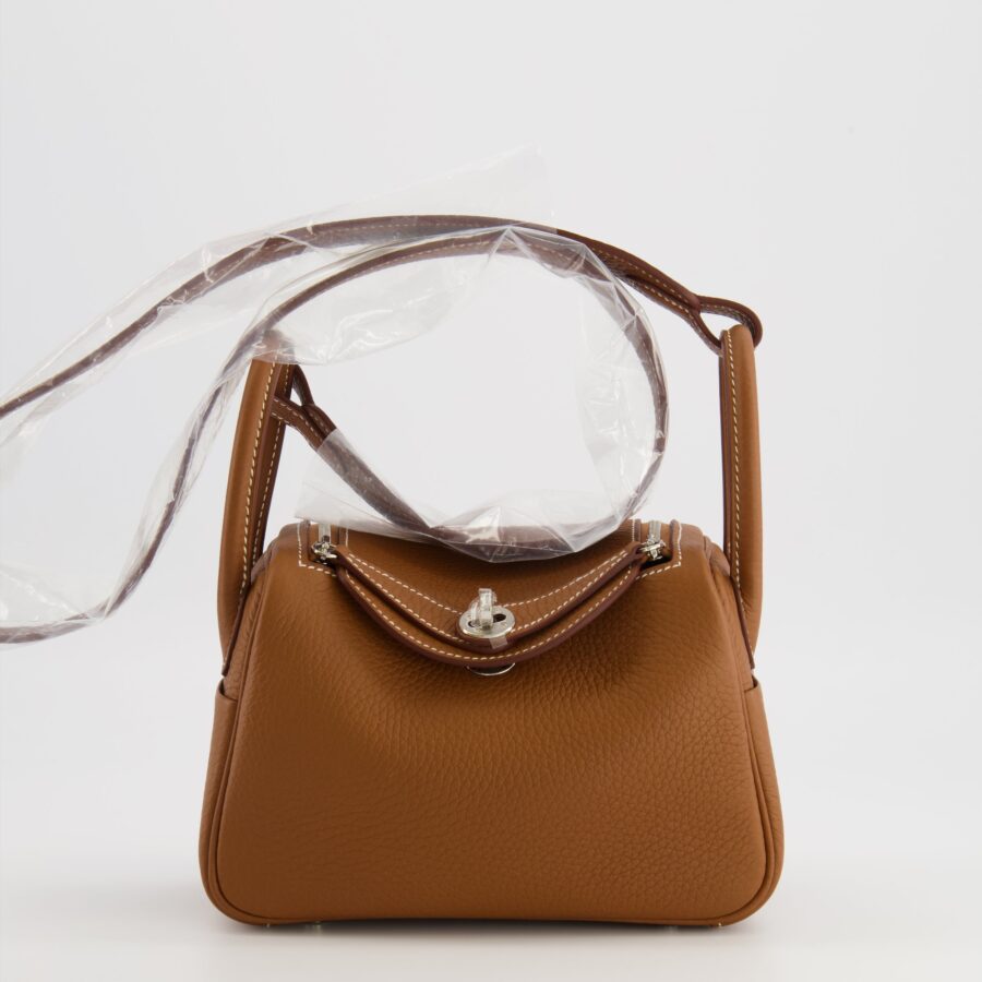 Hermes Mini Lindy Bag in Gold Taurillon Clemence Leather with Palladium Hardware | Studio Nafay