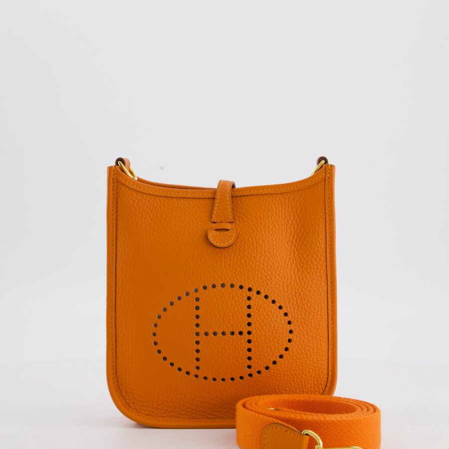 Hermes Mini Evelyne Bag in Orange Clemence Leather with Gold Hardware | Studio Nafay