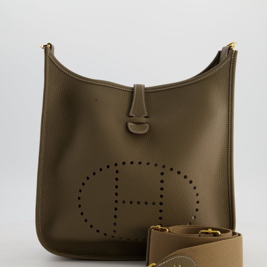 Hermes Evelyne III 29 Bag in Etoupe Taurillon Clemence Leather with Gold Hardware | Studio Nafay