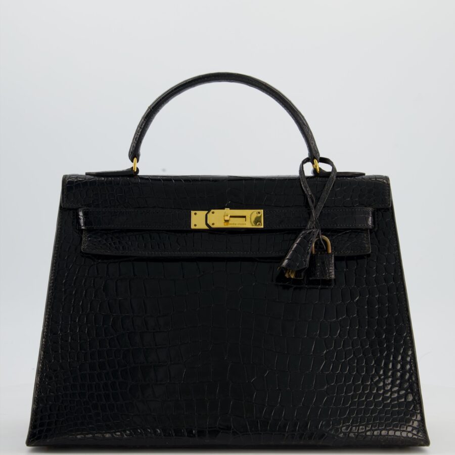 *HOT* Hermes Kelly 32 Sellier Bag in Noir Porosus Crocodile Leather with Gold Hardware | Studio Nafay