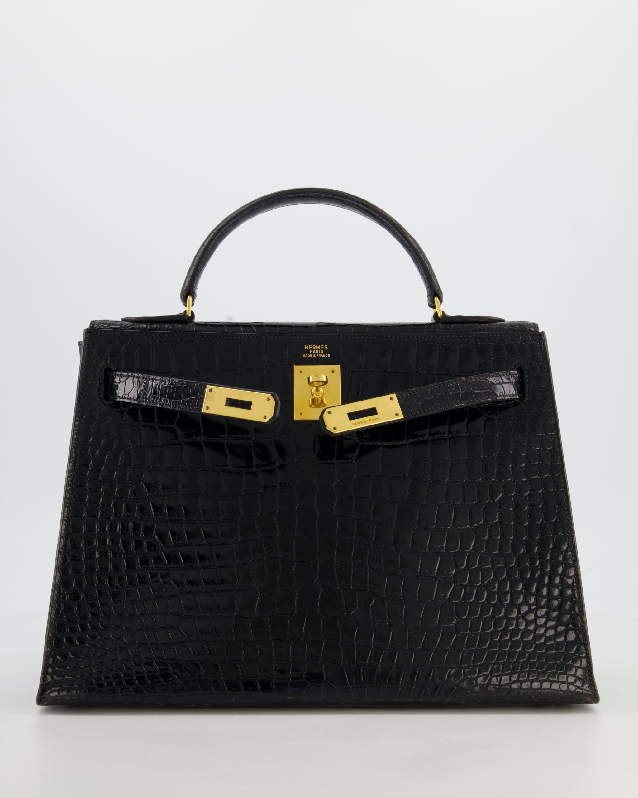 *HOT* Hermes Kelly 32 Sellier Bag in Noir Porosus Crocodile Leather with Gold Hardware