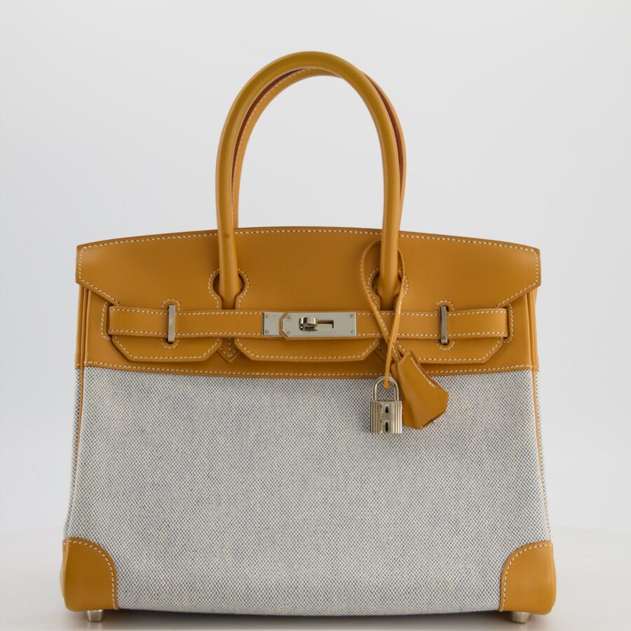 *RARE* Hermes Birkin 30 Retourne Toile Bag in Natural Sable Vache Naturelle Leather & Écru/Ciel Cross Toile Canvas with Palladium Hardware | Studio Nafay