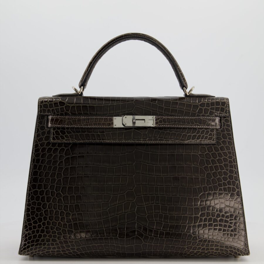 Hermes Kelly 32 Sellier Bag in Graphite Shiny Porosus Crocodile Leather with Palladium Hardware | Studio Nafay
