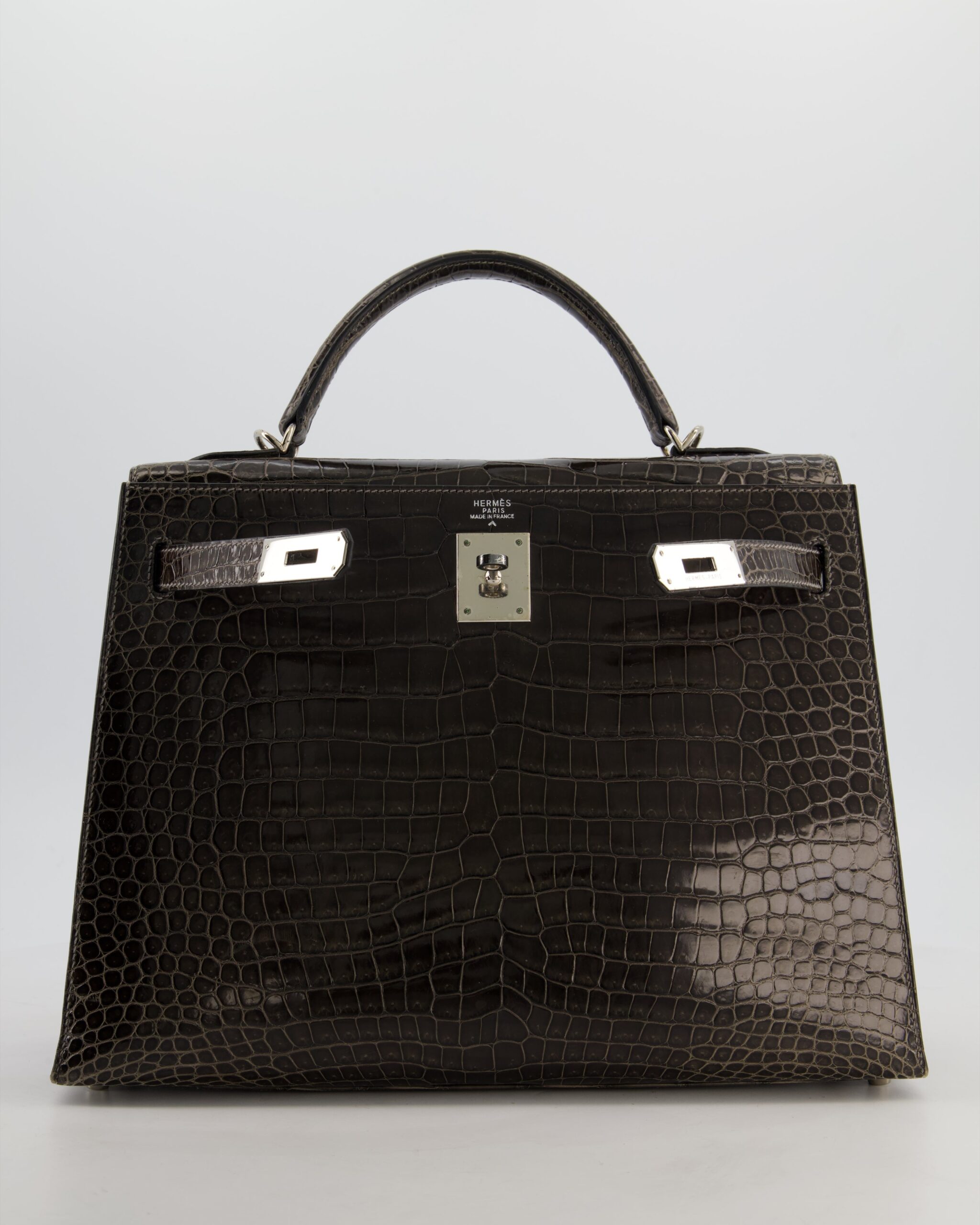 Hermes Kelly 32 Sellier Bag in Graphite Shiny Porosus Crocodile Leather with Palladium Hardware
