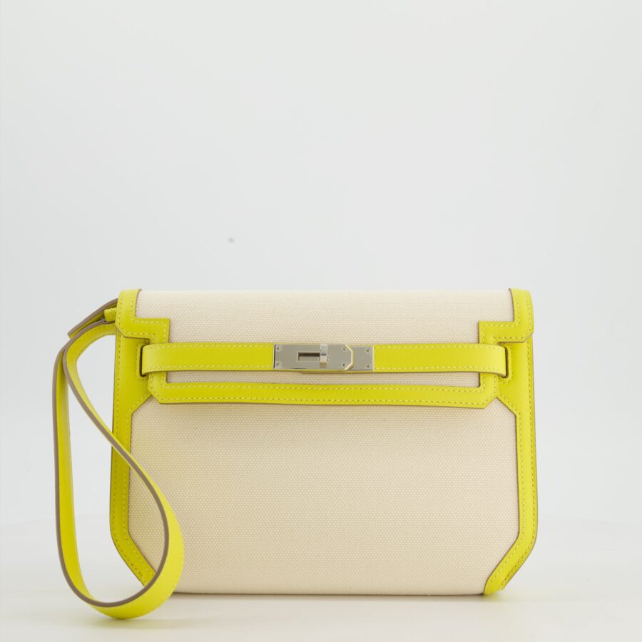 Hermes Kelly Depeches 25 Verso Bag in Ecru Canvas and Jaune Citron Chèvre with Palladium Hardware | Studio Nafay