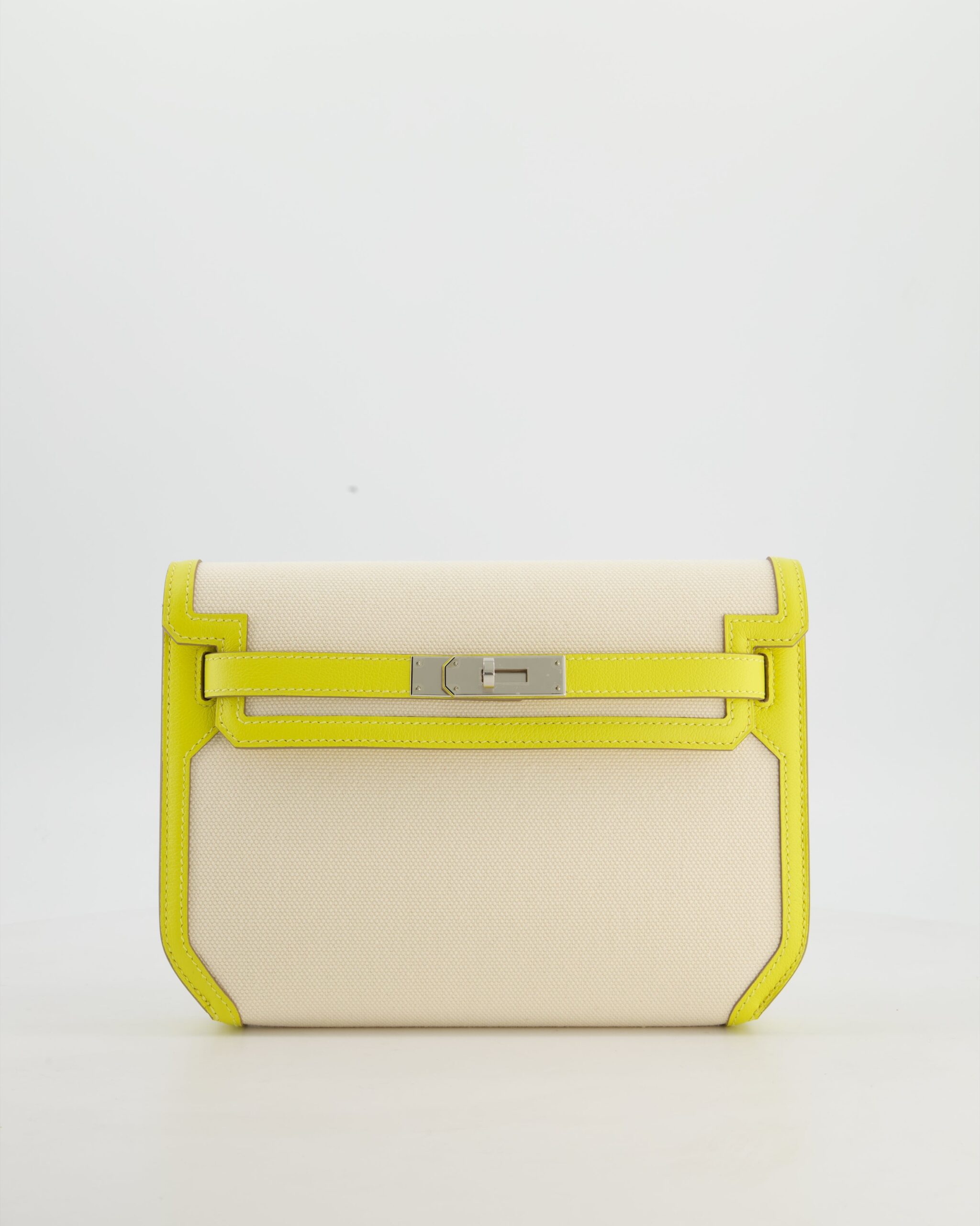 Hermes Kelly Depeches 25 Verso Bag in Ecru Canvas and Jaune Citron Chèvre with Palladium Hardware