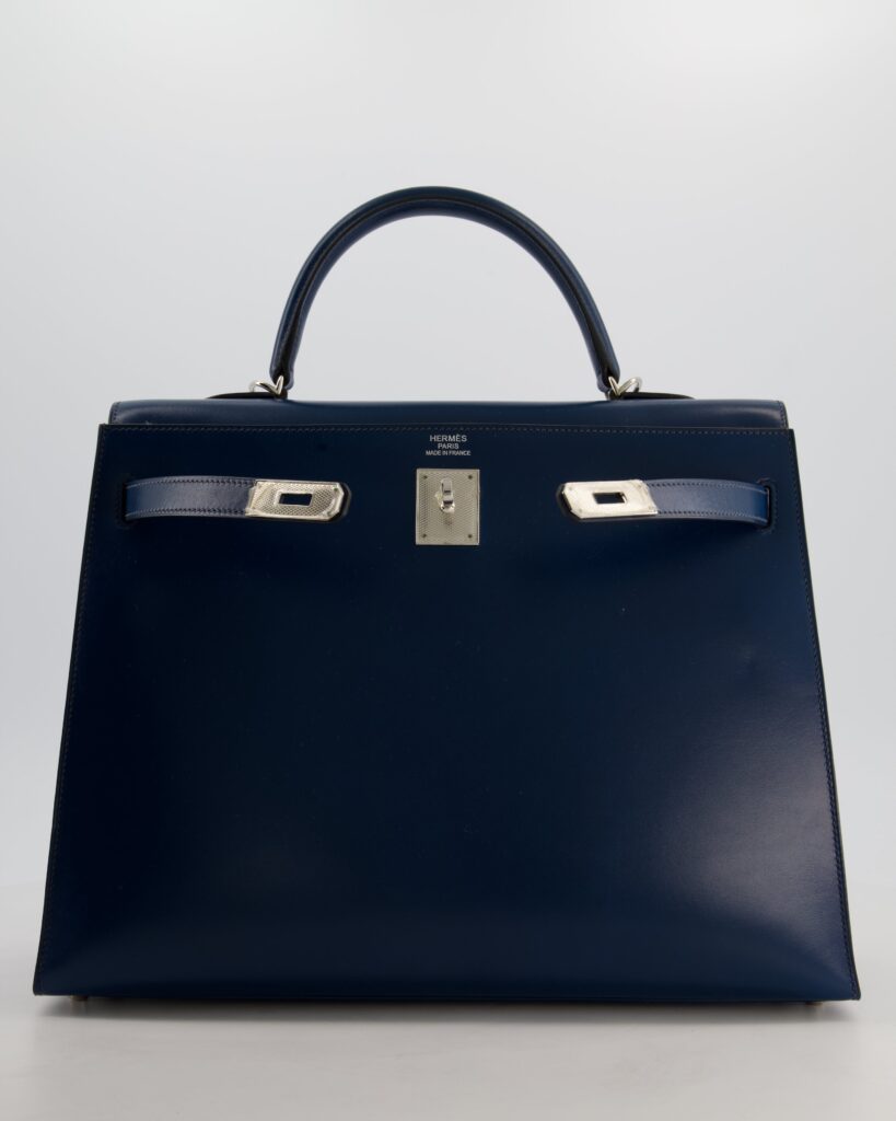 *VERY RARE* Hermes Kelly 35 Sellier Bag in Bleu De Prusse Box Calf Leather with Guilloche Palladium Hardware - Product Image 2