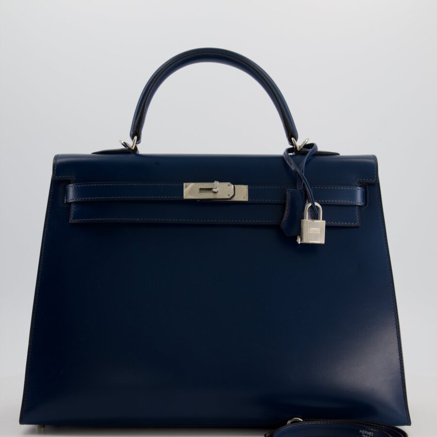 *VERY RARE* Hermes Kelly 35 Sellier Bag in Bleu De Prusse Box Calf Leather with Guilloche Palladium Hardware | Studio Nafay