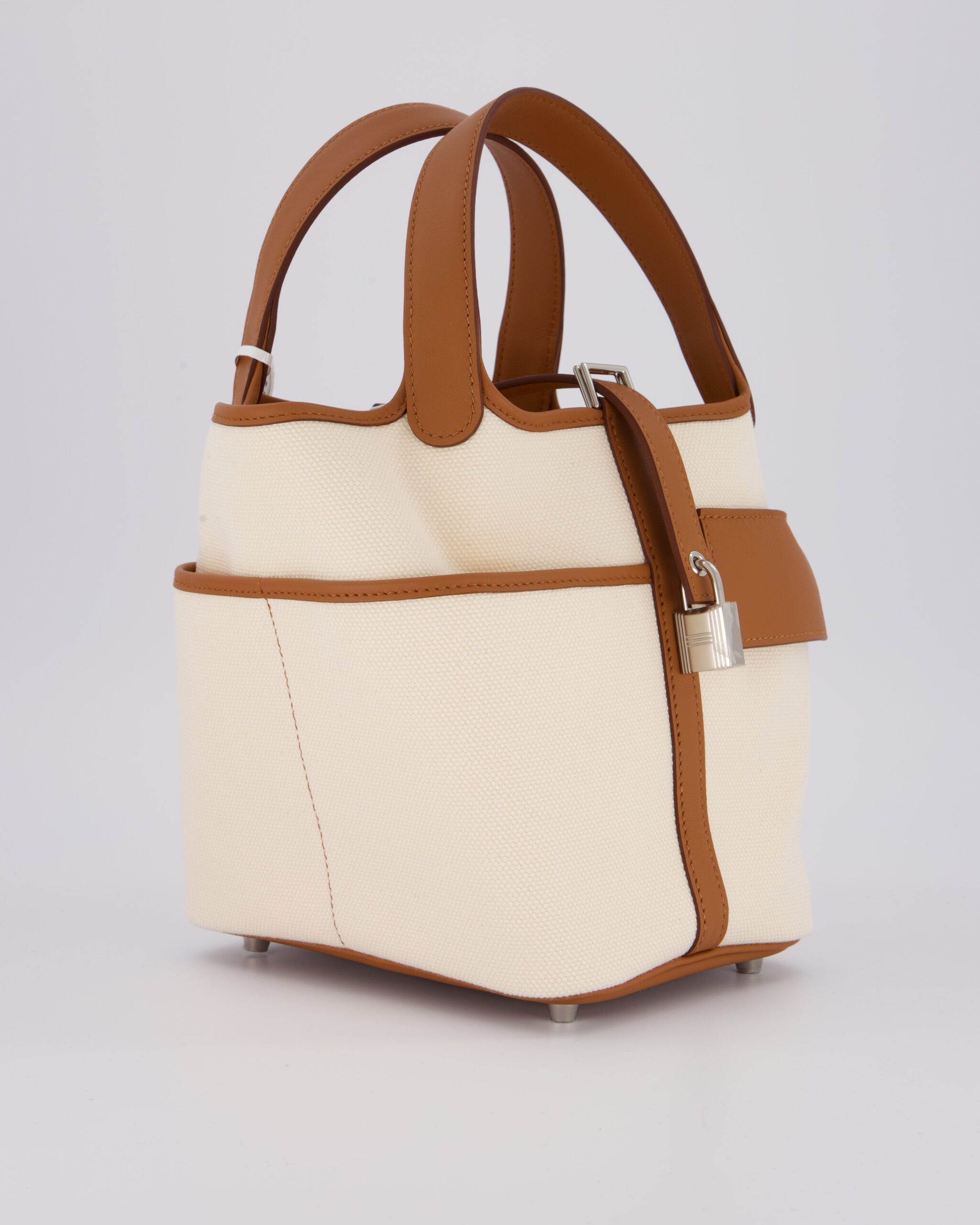 *HOT* Hermes Picotin 18 Lock Cargo Bag in Ecru Canvas & Gold Swift Leather with Palladium Hardware