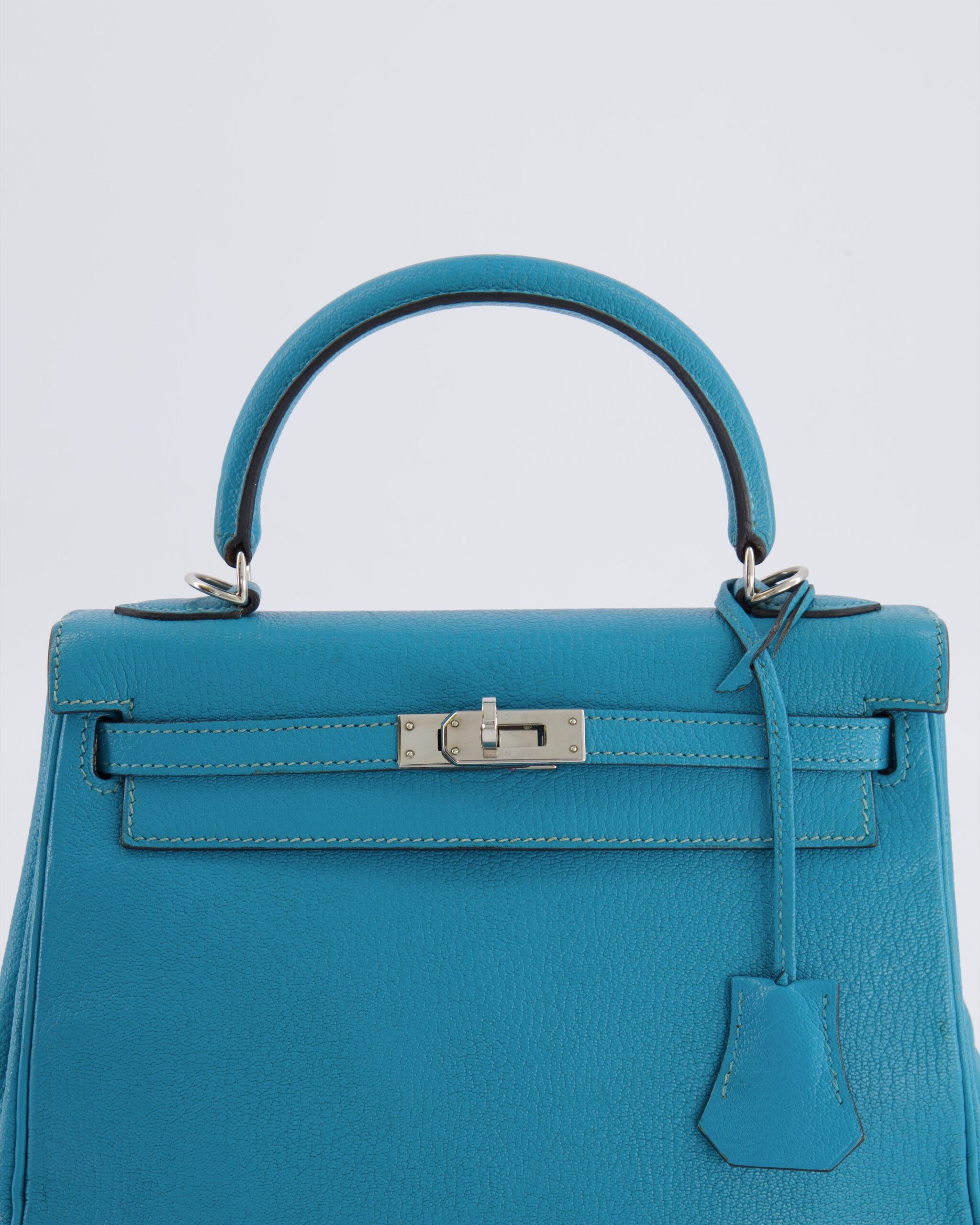 Hermes Kelly 25 Retourne Bag in Bleu Paon Evercolor Leather with Palladium Hardware