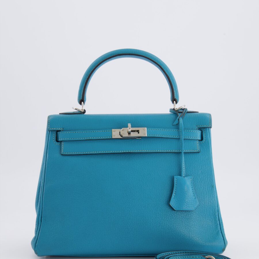 Hermes Kelly 25 Retourne Bag in Bleu Paon Evercolor Leather with Palladium Hardware | Studio Nafay