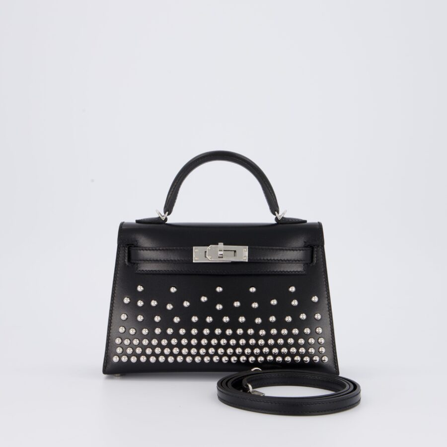 *SUPER RARE & HOT* Hermes Mini Kelly II 20 Clouté Bag in Noir Box Calf Leather with Palladium Hardware & Studs | Studio Nafay