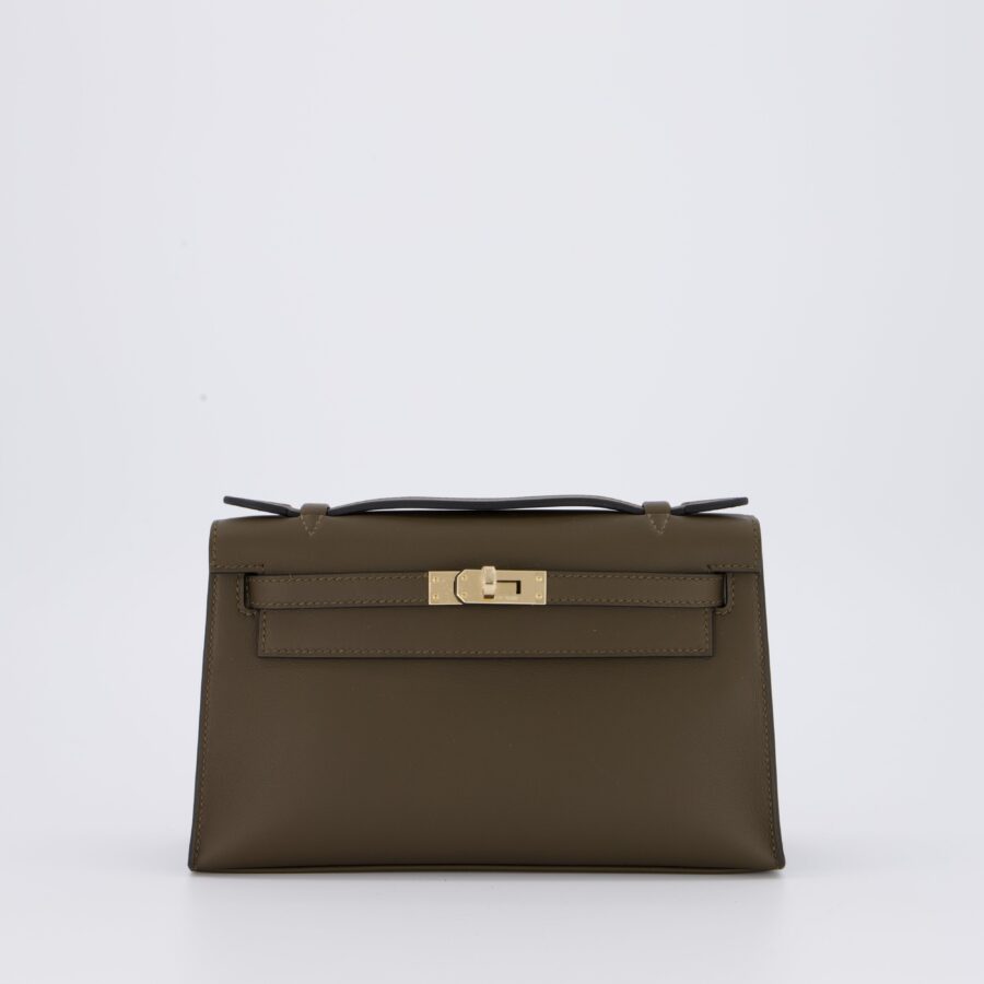 *NEW COLOUR* Hermes Mini Kelly Pochette Bag in Vert Loden Swift Leather and Permabrass Hardware | Studio Nafay
