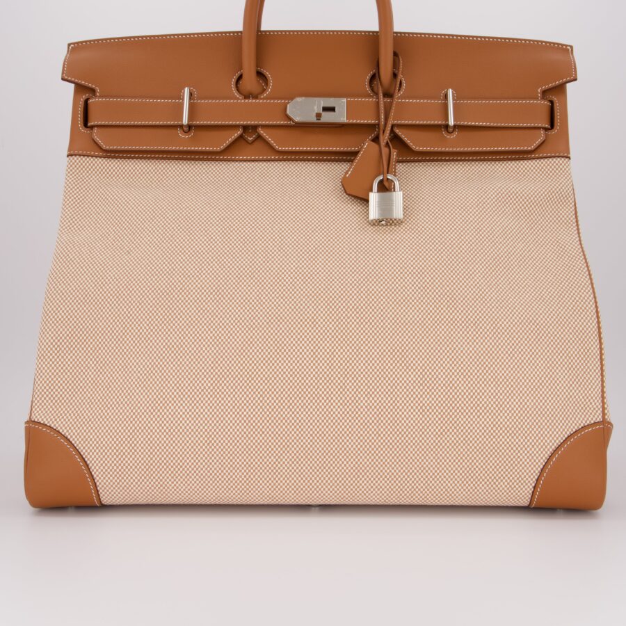*RARE* Hermes Haut à Courroies HAC 50 Bag in Gold Evercolour Leather & Écru/Beige Toile Cross Canvas with Palladium Hardware | Studio Nafay