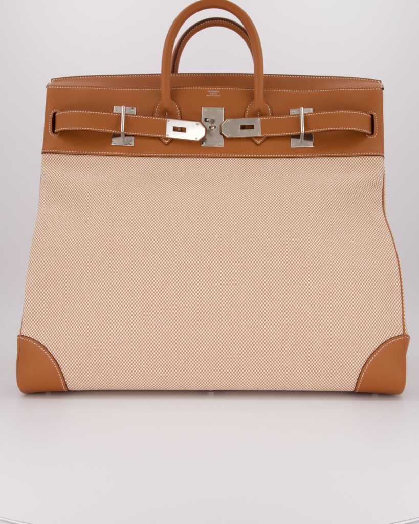 *RARE* Hermes Haut à Courroies HAC 50 Bag in Gold Evercolour Leather & Écru/Beige Toile Cross Canvas with Palladium Hardware - Product Image 2
