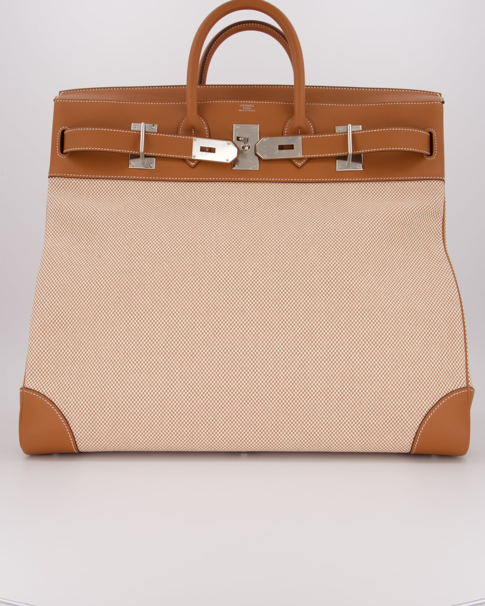 *RARE* Hermes Haut à Courroies HAC 50 Bag in Gold Evercolour Leather & Écru/Beige Toile Cross Canvas with Palladium Hardware
