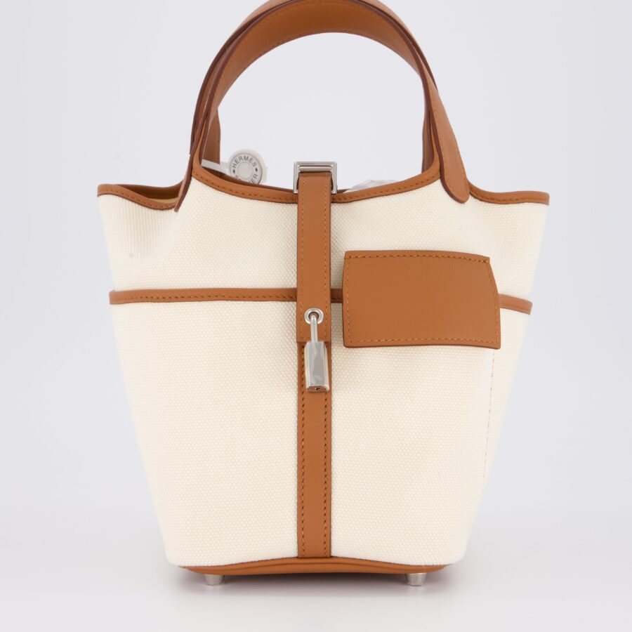 *HOT* Hermes Picotin 18 Lock Cargo Bag in Ecru Canvas & Gold Swift Leather with Palladium Hardware | Studio Nafay