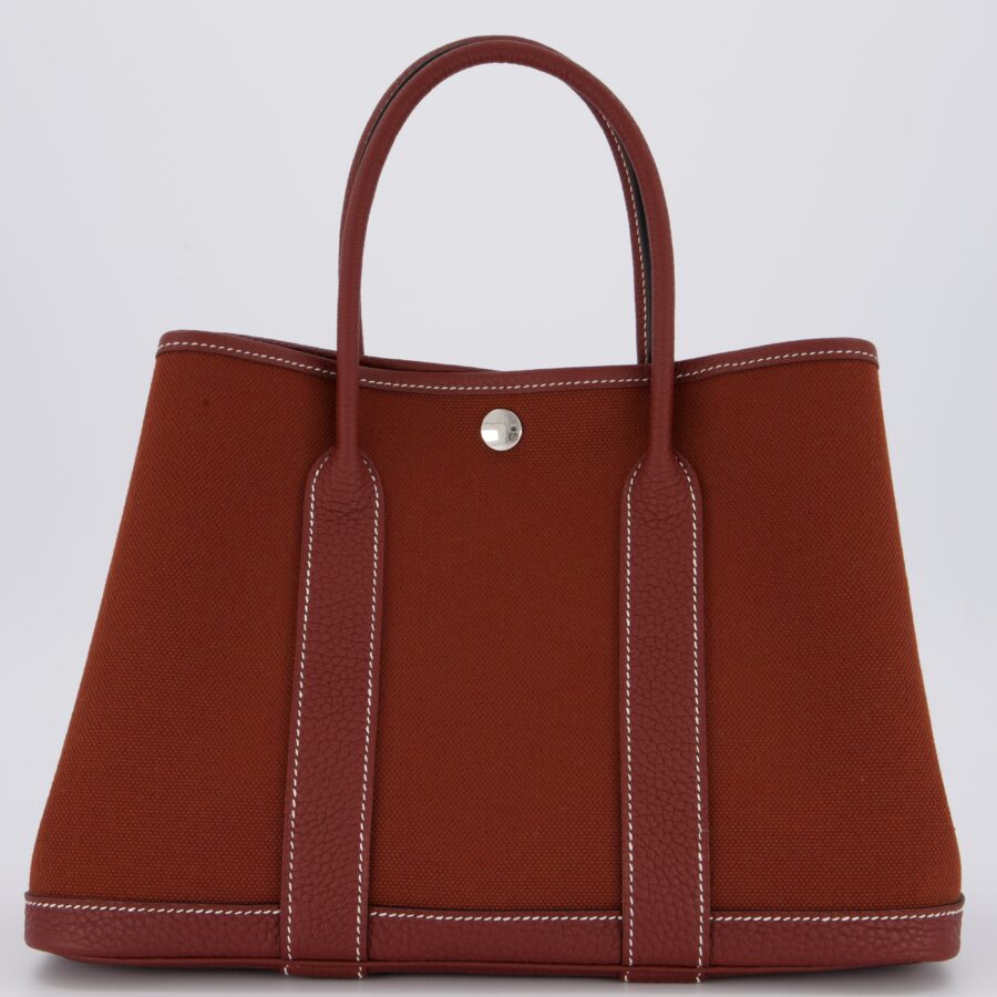 Hermes Garden Party 30 Bag in Rouge H Canvas and Negonda Leather with Palladium Hardware | Studio Nafay
