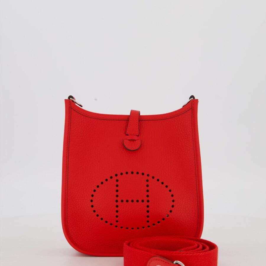 Hermes Mini Evelyne Bag in Rouge Radieux Clemence Leather with Palladium Hardware | Studio Nafay