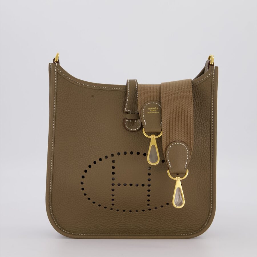 Hermes Evelyne III 23 Bag in Etoupe Taurillon Clemence Leather with Gold Hardware | Studio Nafay