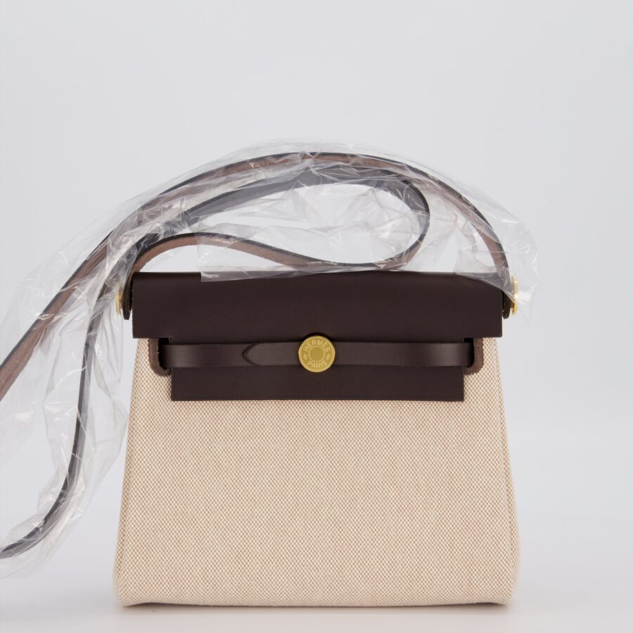 Hermes Mini Herbag Zip 20 Bag in Ebene Vache Hunter Leather & Ecru/Beige Viking Canvas with Gold Hardware | Studio Nafay