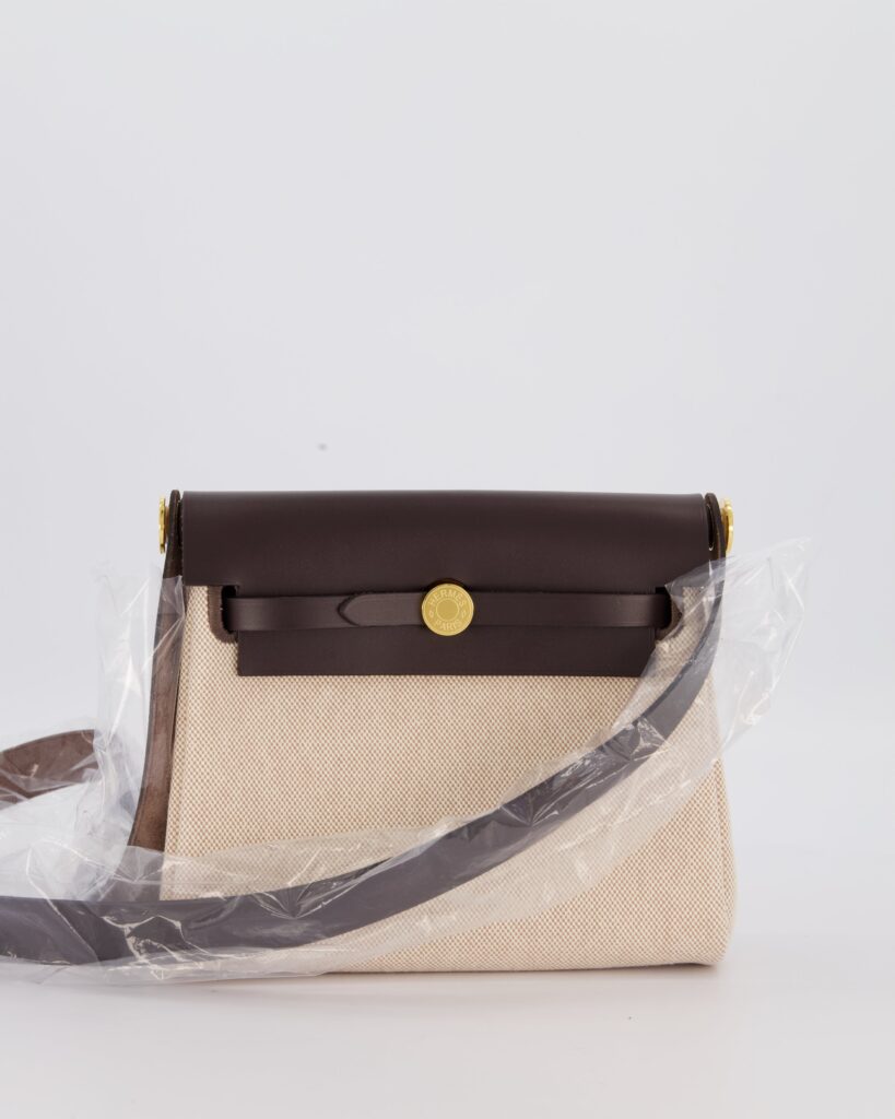 Hermes Mini Herbag Zip 20 Bag in Ebene Vache Hunter Leather & Ecru/Beige Viking Canvas with Gold Hardware - Product Image 2