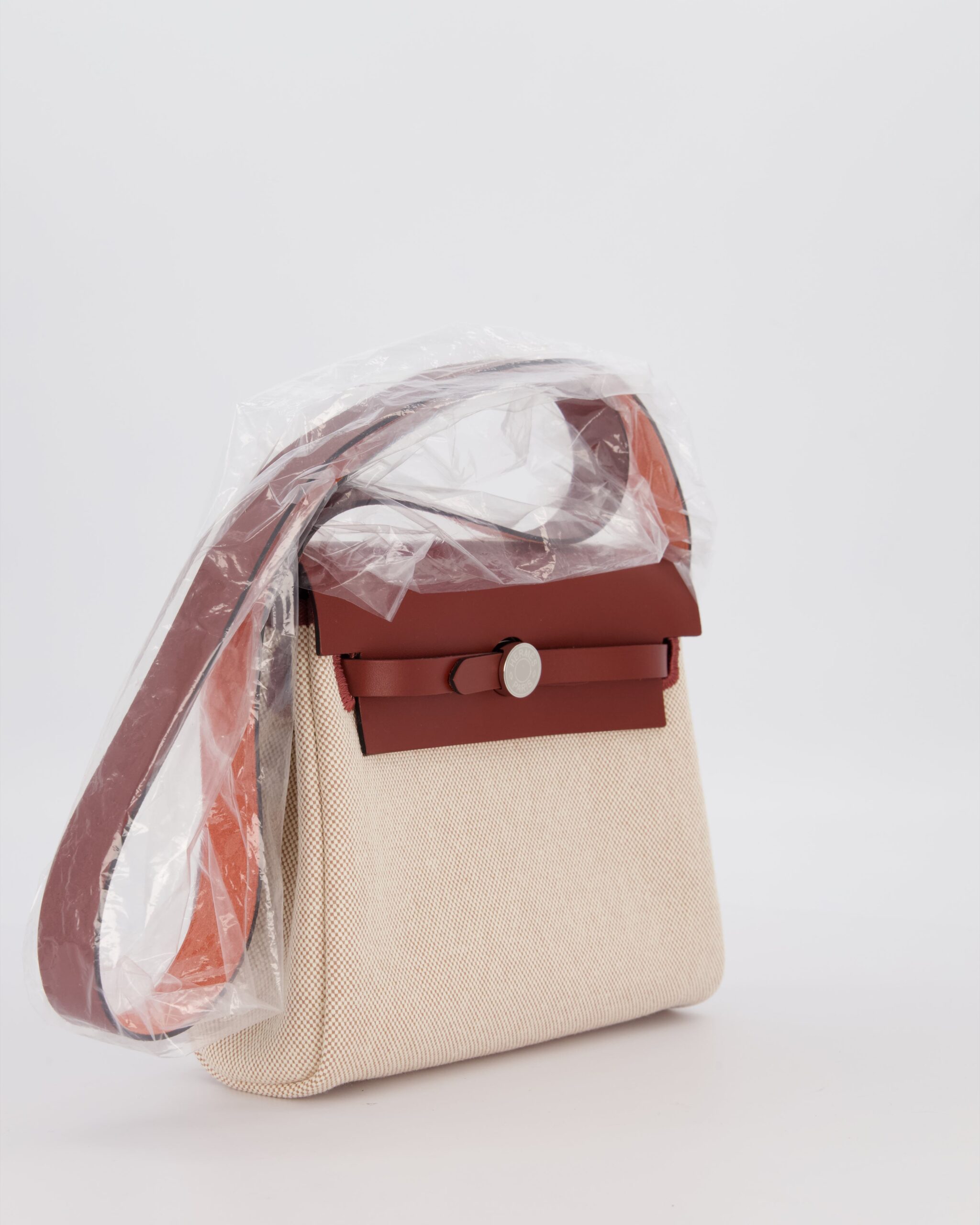 Hermes Mini Herbag Zip 20 Bag in Rouge H Vache Hunter Leather & Ecru/Beige Viking Canvas with Palladium Hardware