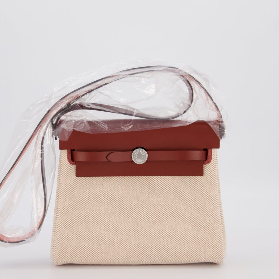 Hermes Mini Herbag Zip 20 Bag in Rouge H Vache Hunter Leather & Ecru/Beige Viking Canvas with Palladium Hardware | Studio Nafay