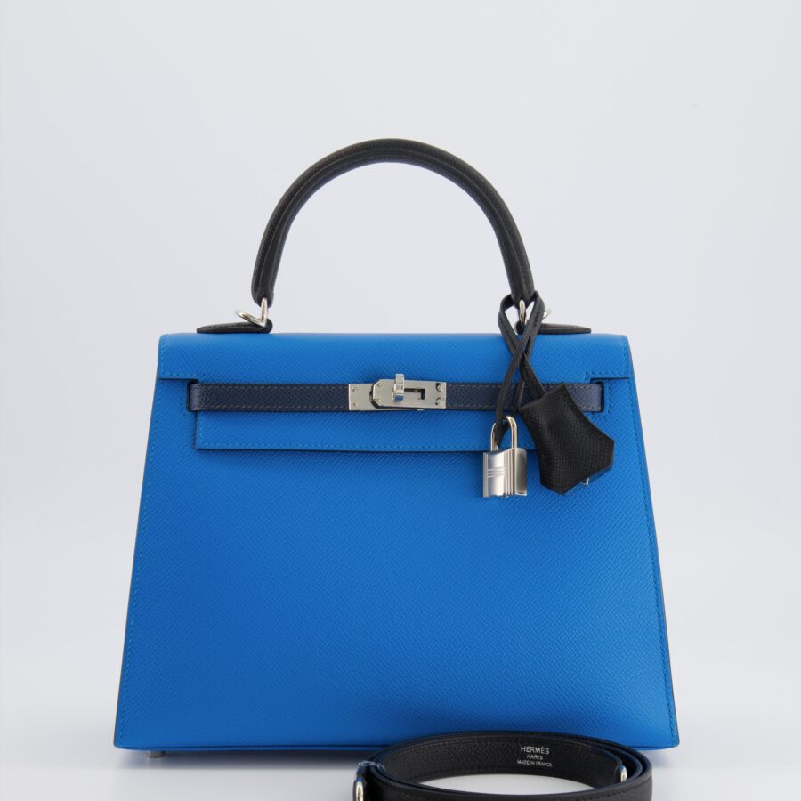 Hermes Kelly II Tricolour 25 Sellier Bag in Bleu Zanzibar, Bleu De Prusse and Noir Epsom Leather with Palladium Hardware | Studio Nafay