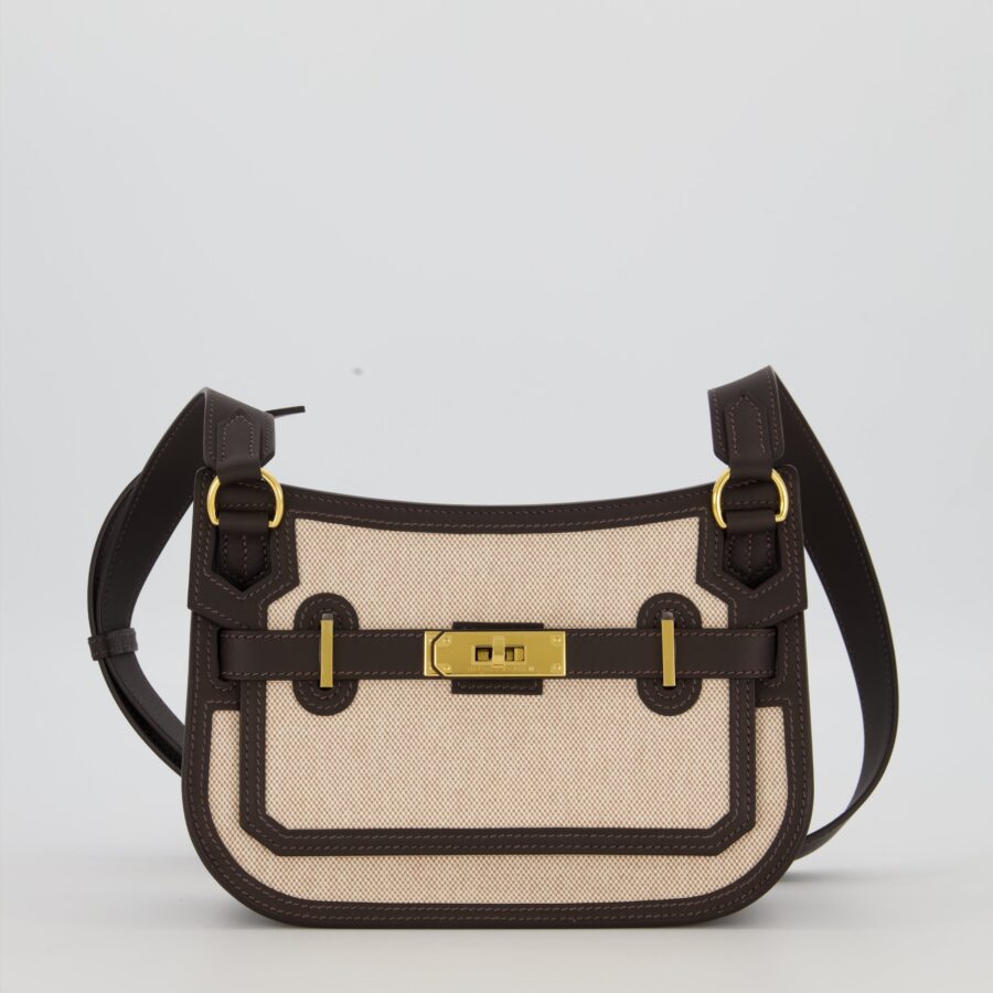 Hermes Mini Jypsiere Crossbody Bag in Bai Brun Swift Leather and Cream Canvas with Gold Hardware | Studio Nafay
