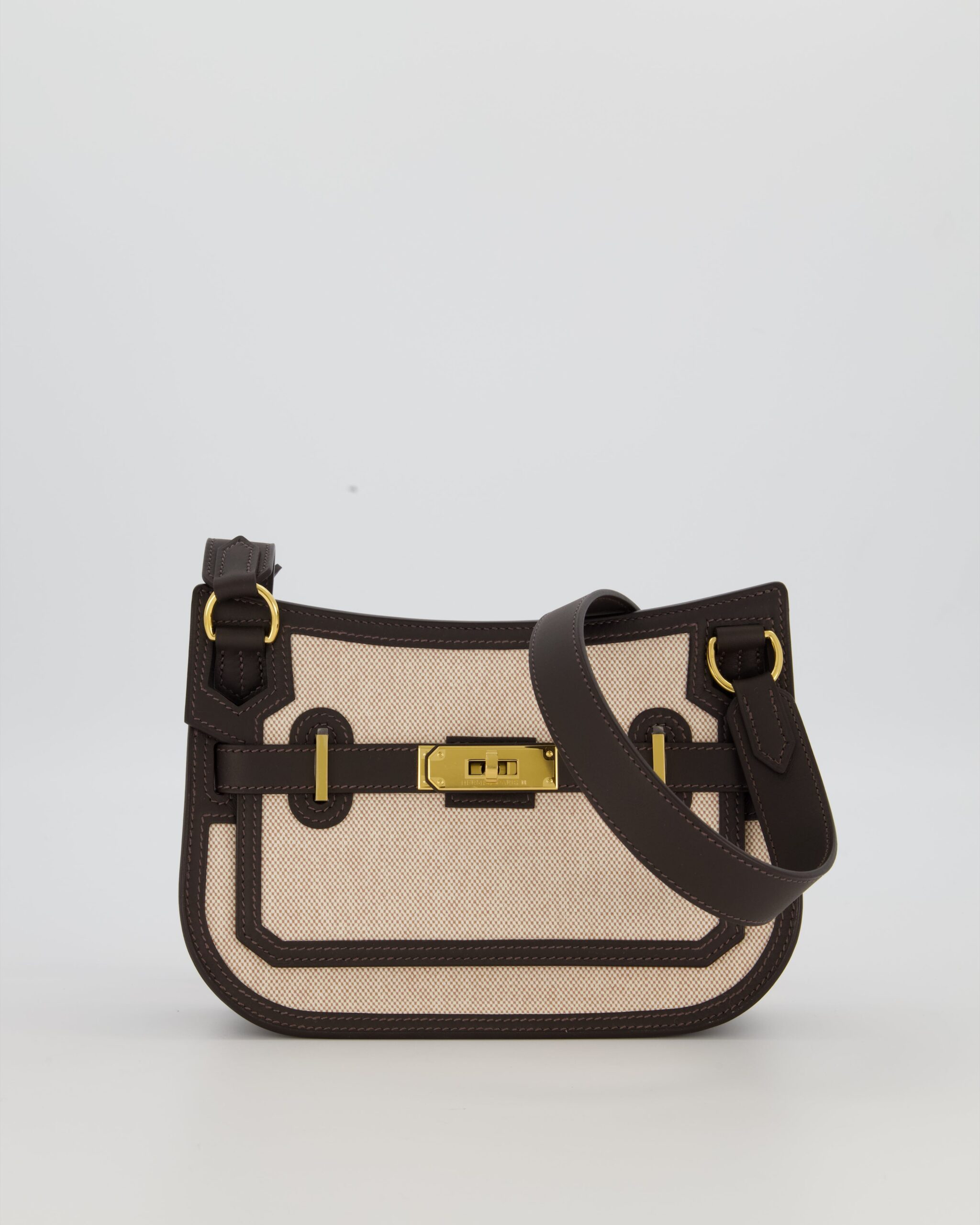 Hermes Mini Jypsiere Crossbody Bag in Bai Brun Swift Leather and Cream Canvas with Gold Hardware