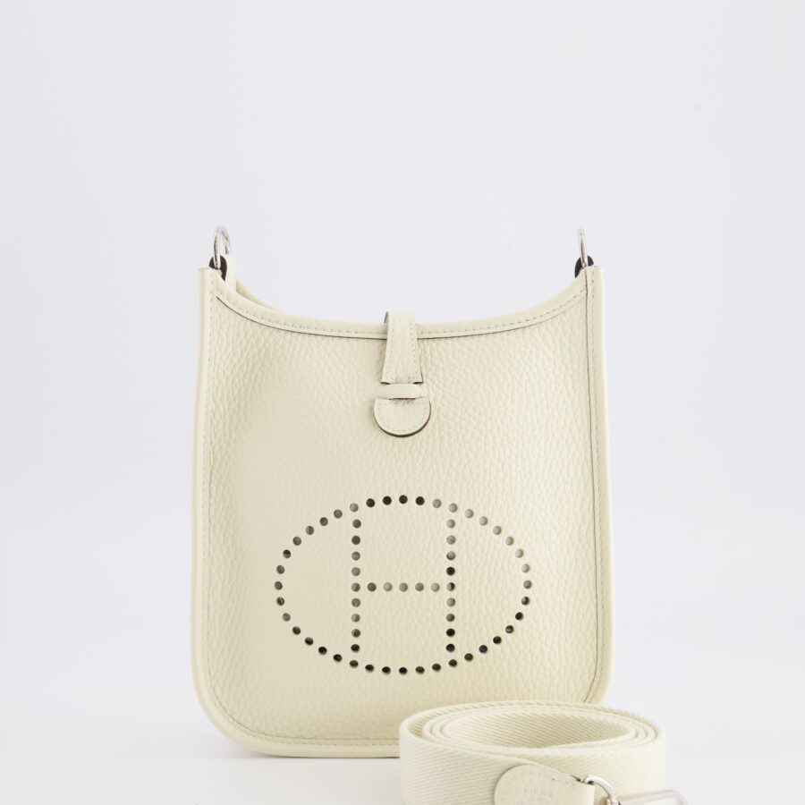 Hermes Mini Evelyne Amazone Bag in Cream Clemence Leather with Palladium Hardware | Studio Nafay