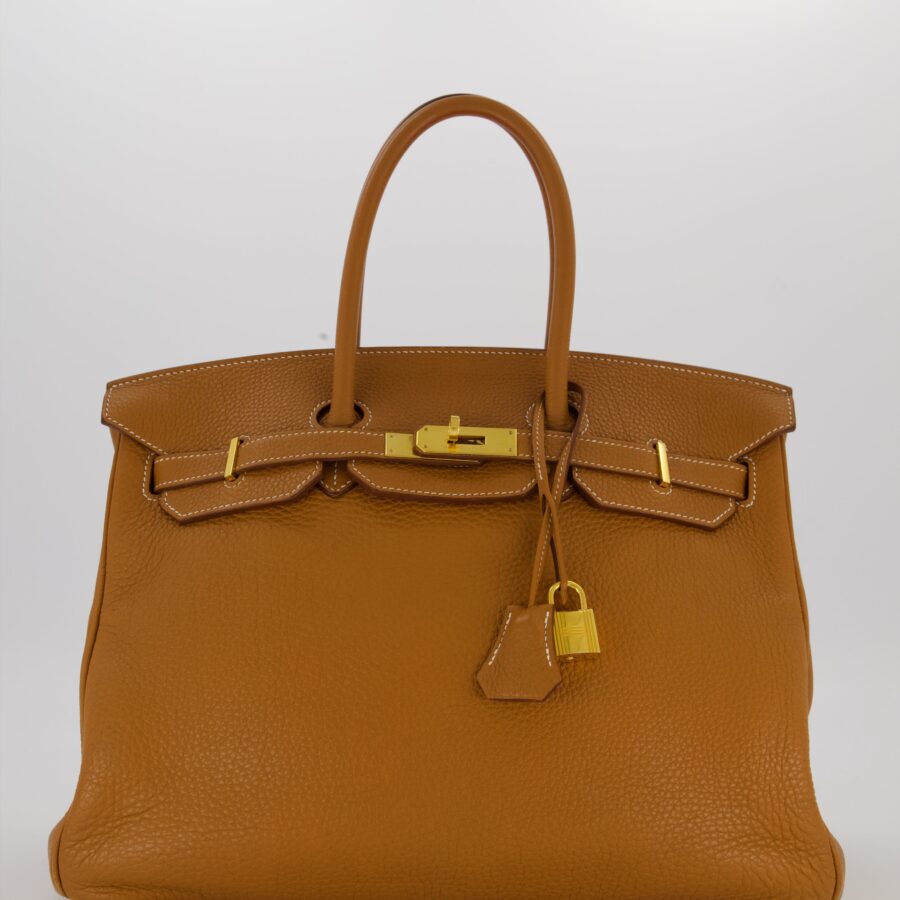 Hermes Birkin 35 Retourne Bag in Gold Clemence Leather with Gold Hardware | Studio Nafay