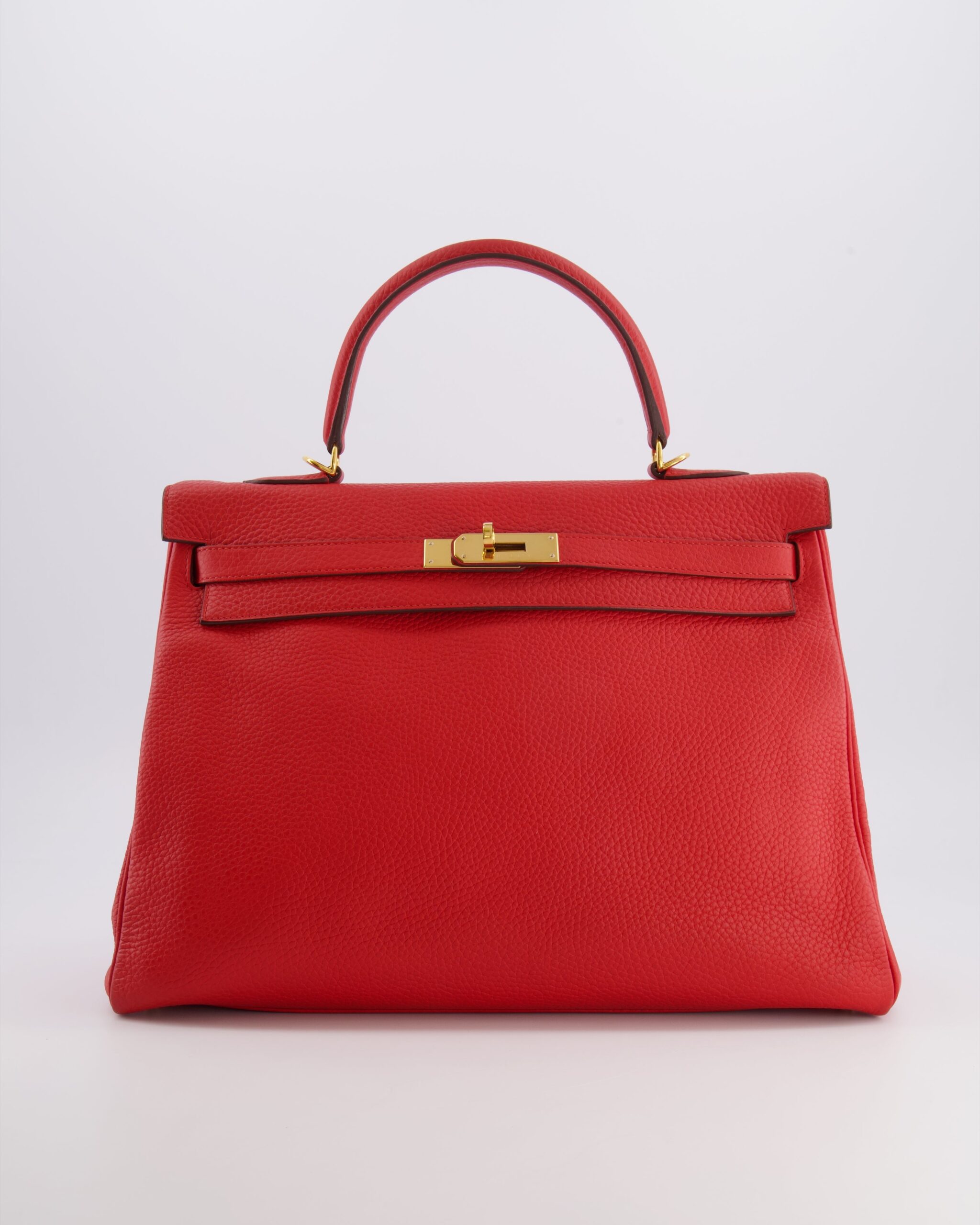Hermes Kelly 35 Retourne Bag in Rouge Casaque Clemence Leather with Gold Hardware