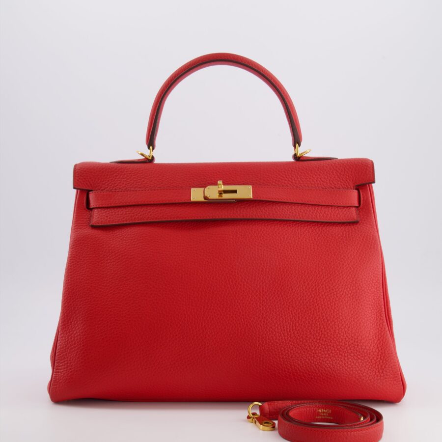 Hermes Kelly 35 Retourne Bag in Rouge Casaque Clemence Leather with Gold Hardware | Studio Nafay