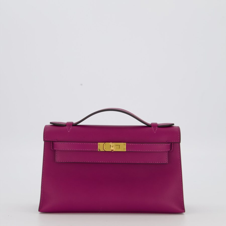 *RARE COLOUR* Hermes Kelly Pochette Bag in Anemone Swift Leather and Gold Hardware | Studio Nafay