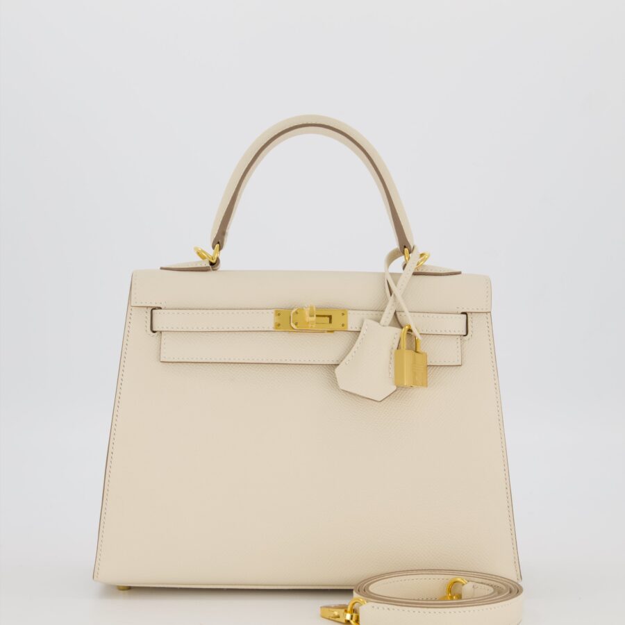 Hermes Kelly 25 Sellier Bag in Craie Epsom Leather and Gold Hardware | Studio Nafay