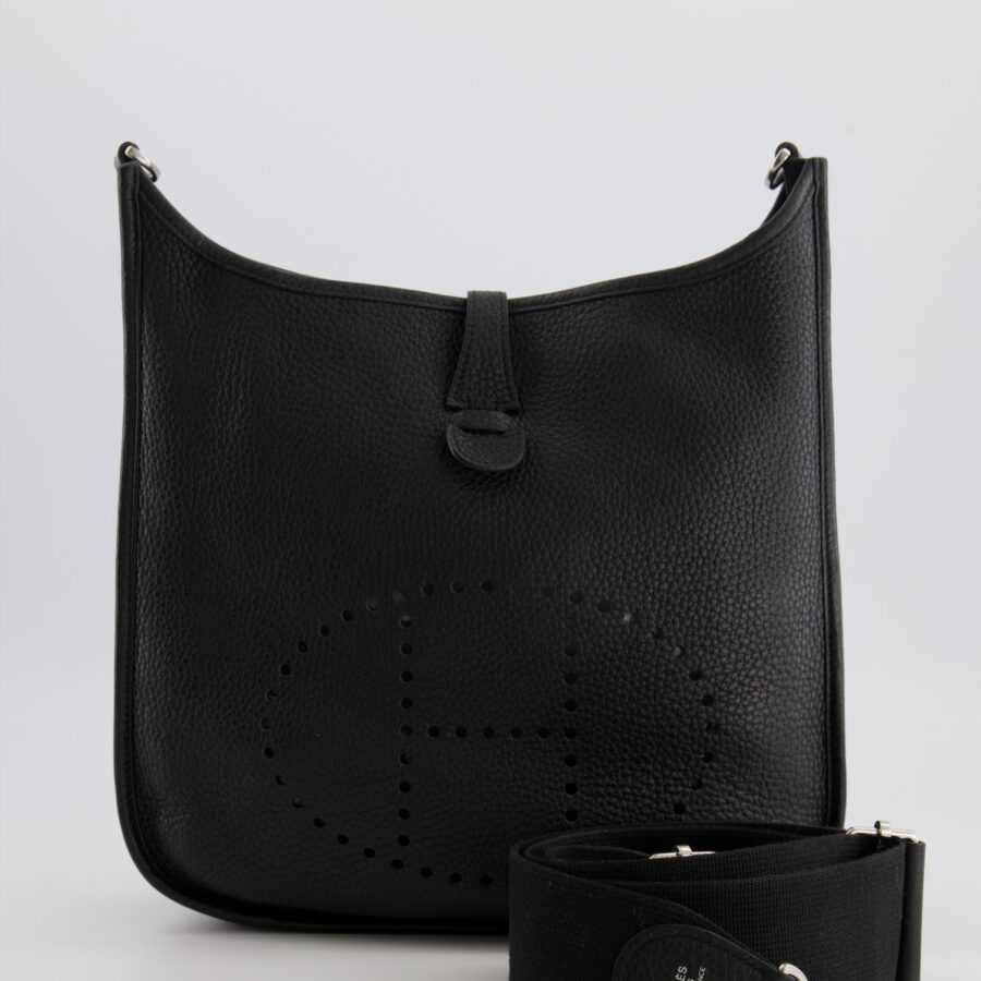 Hermes Evelyne 29 Bag in Noir Clemence Leather with Palladium Hardware | Studio Nafay